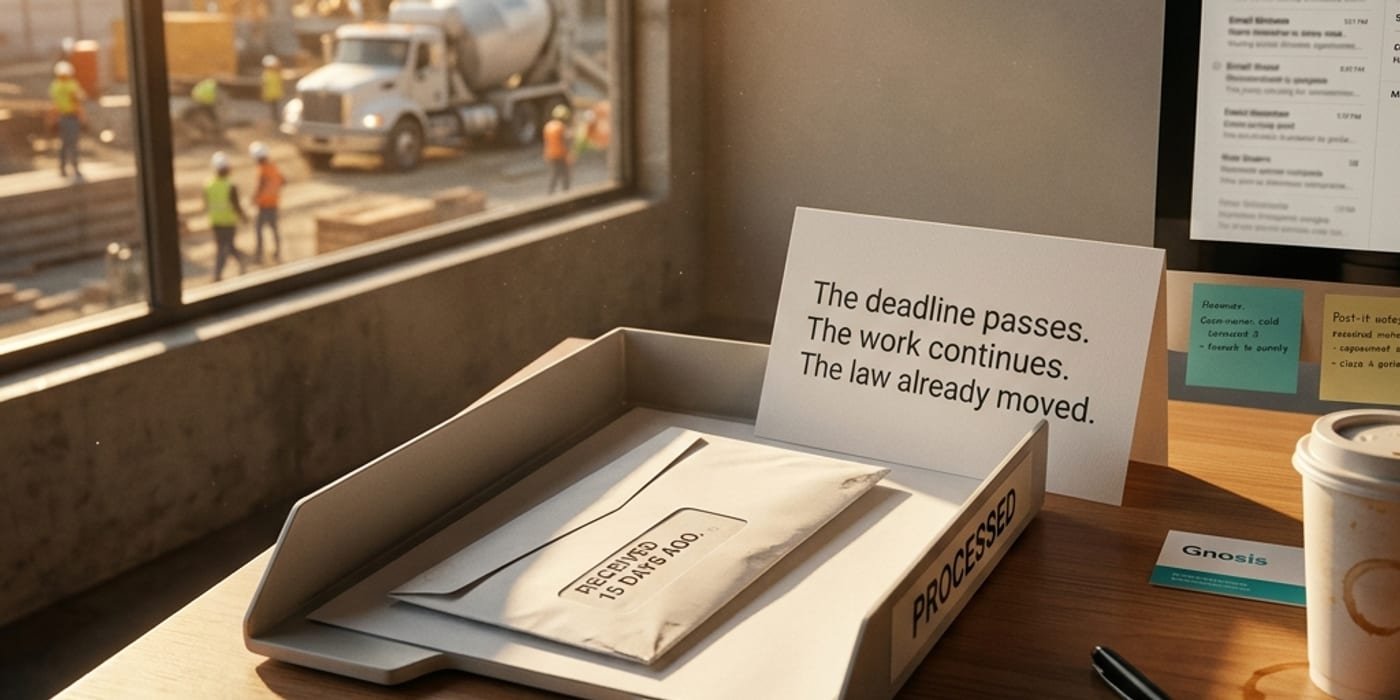 An unopened payment claim stamped received 18 days ago sitting in an office in-tray, with a construction site visible through the window behind it.